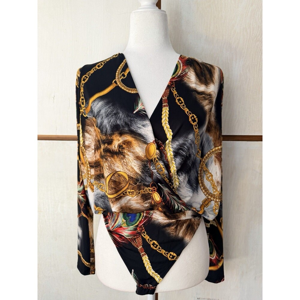 Day G Chain Feather Print Surplice Bodysuit Long Sleeve Stretch Size Large